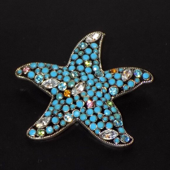New Dillard's Starfish Statement Brooch  Openwork Turquoise Beads & Crystals - Picture 2 of 7